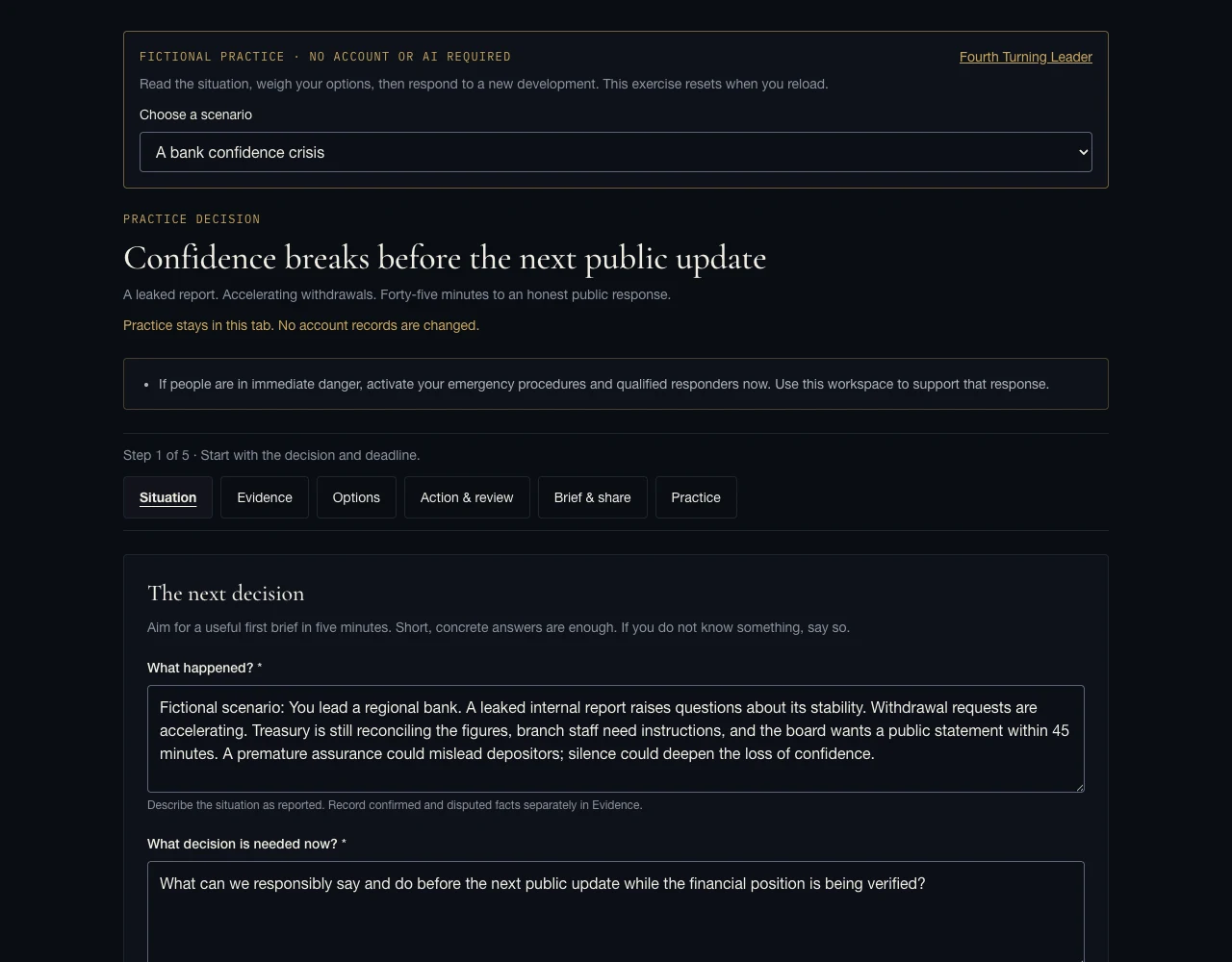 Actual Leader Lab crisis workspace showing the situation, evidence, options, and action sections for a fictional bank case.
