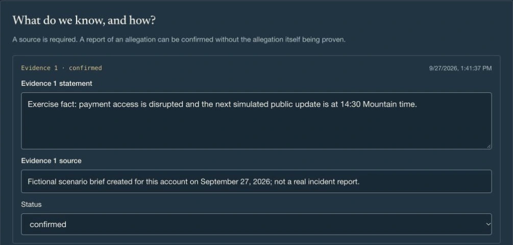 Actual app: a fictional evidence entry with its source and confirmed status.