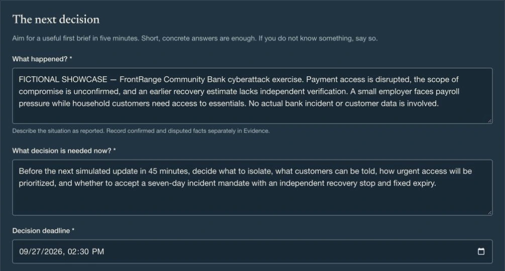 Actual app: the fictional cyberattack situation, the decision needed, and its deadline.